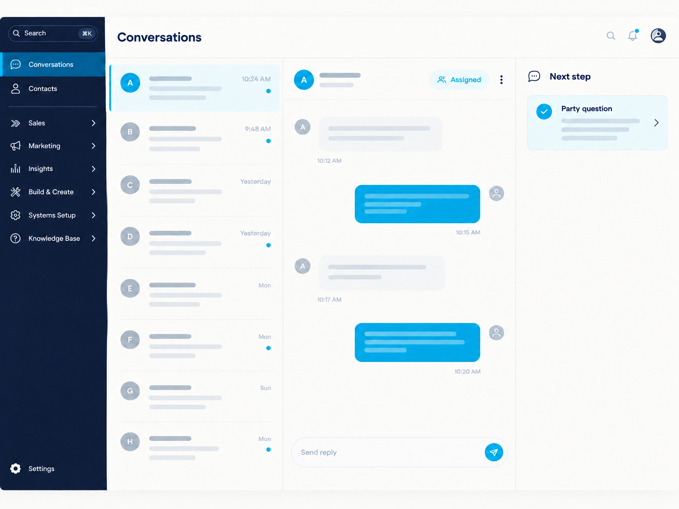 FEC Playbook™ Conversations area showing guest messages, assignment, and the next step